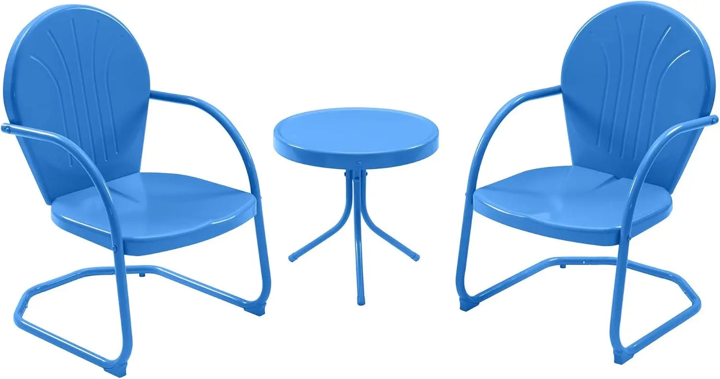 Patio Bistro Set Retro Metal Outdoor Seating Conversation 3 Pieces, 2 C-Spring Motion Armchairs and Round Side Table