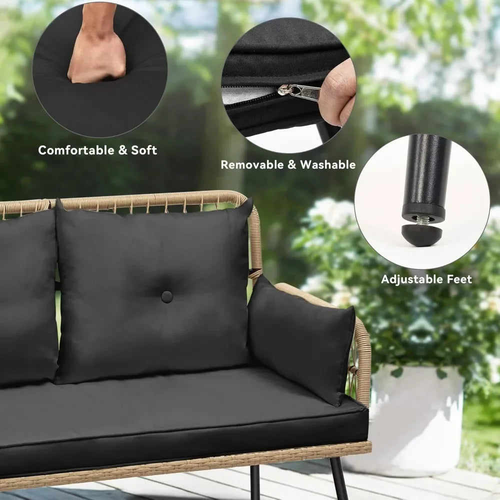 Outdoor chair, Outdoor Rattan Loveseat, Two-Seater Loveseat with Handwoven Rattan and Cushions, Ideal for Backyar, Balcony