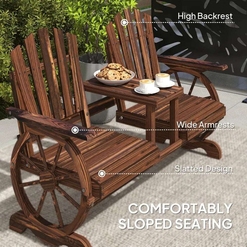 Wooden Garden Bench with Table, Umbrella Hole, 2-Seat Wagon Wheel Outdoor Bench with Slatted Seat, High Backrest, Armrests for