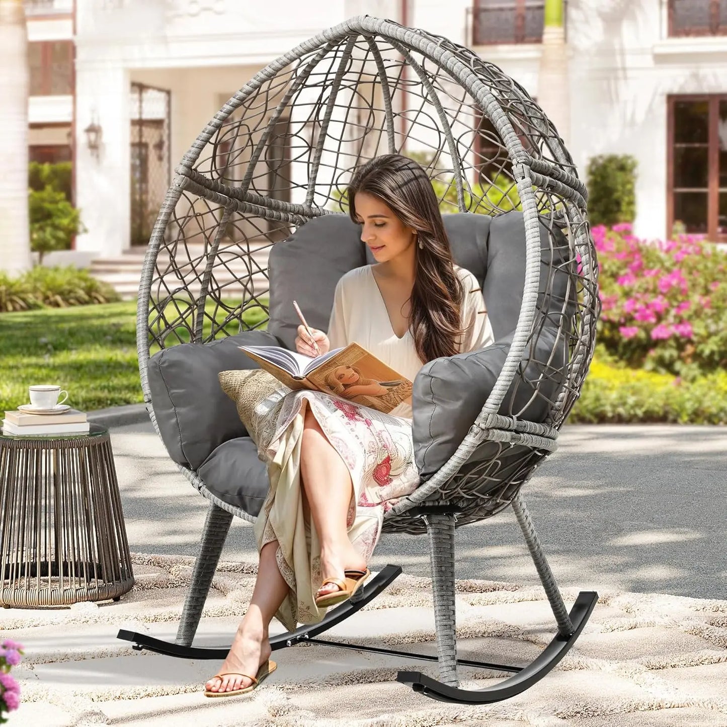 Outdoor Rocking Egg Chair with Cushioned Comfort, Wicker Patio Rocker 250lb Capacity, Anti-Slip, All-Weather Resilient