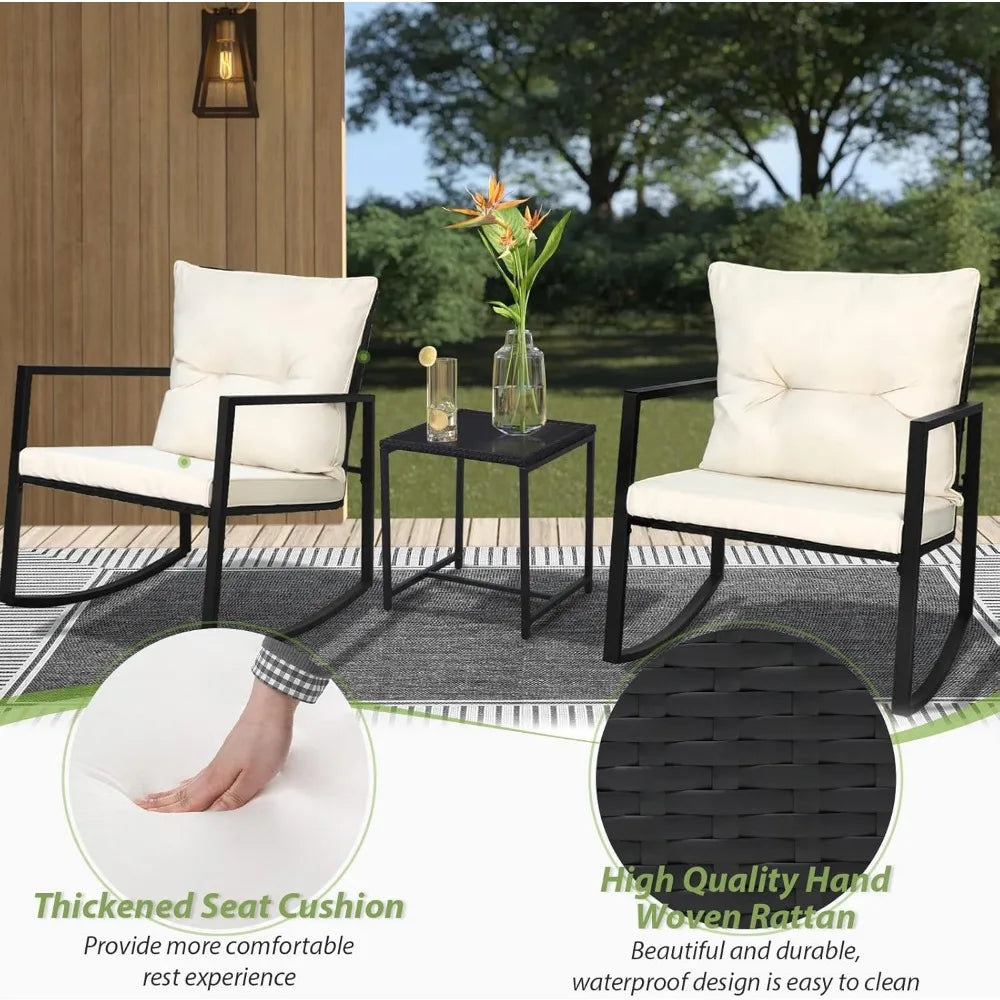 3 Piece Outdoor Rocking Bistro Set Black Wicker Furniture Porch Chairs Conversation Sets with Glass Coffee Table