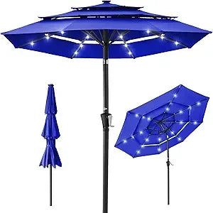 10ft 3-Tier Solar Patio Umbrella, Outdoor Market Sun Shade for Backyard, Deck, Poolside w/ 24 LED Lights, Tilt Adjustment, Easy