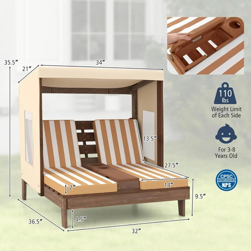 Kids Chaise Lounge Chair Outdoor, Toddler Wood Double Pool Lounger Chairs w/Canopy, Cup Holders, Removable Stripped Fabric Cush