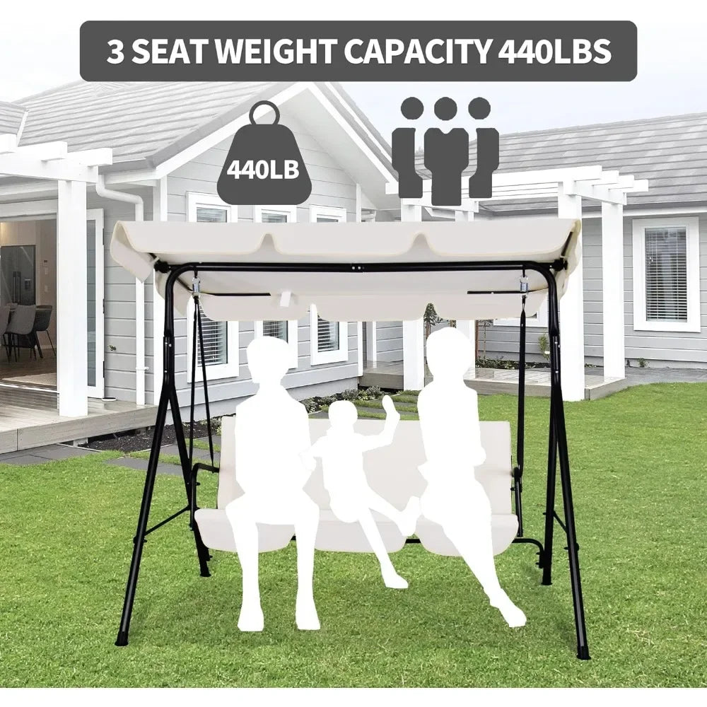 3-Seat Patio Swing Chair with Adjustable Canopy, Outdoor Porch Swing with Durable Steel Frame for Patio, Garden, Poolside