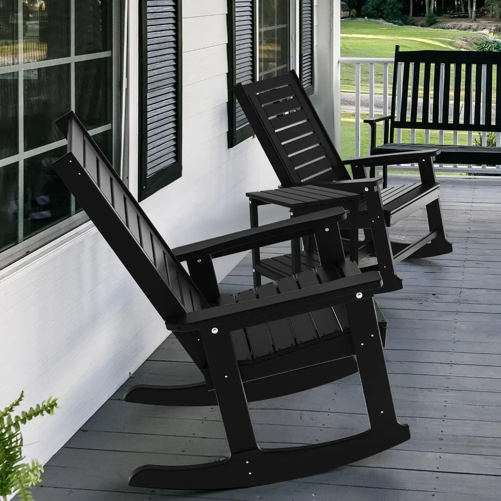 Outdoor Rocking Chairs Set of 2 | Porch Rocker HDPE Plastic | Black Oversized Rockers High Back Big & Tall