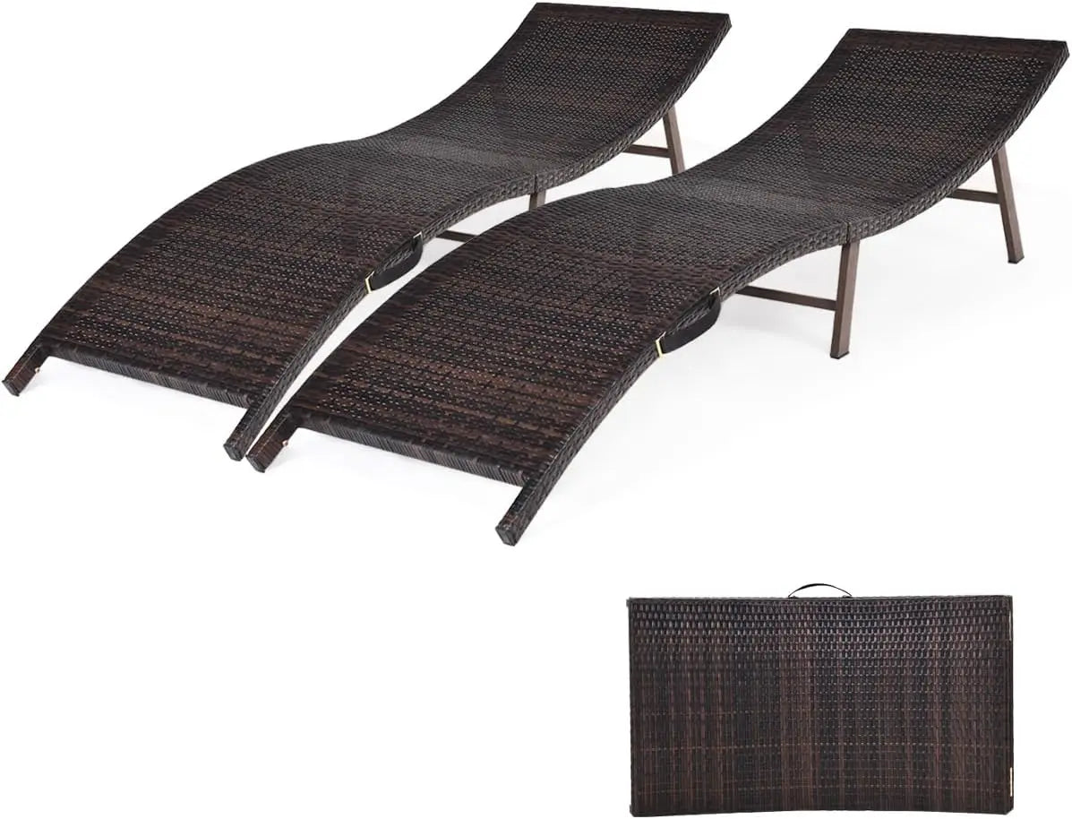 Set of 2 Patio Chaises, Foldable Outdoor Patio Wicker Lounger Chair, with Double-Sided Cushions, Suitable for Poolside