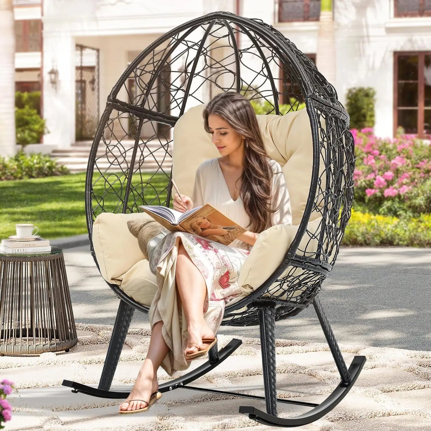 Outdoor Rocking Egg Chair with Cushioned Comfort, Wicker Patio Rocker 250lb Capacity, Anti-Slip, All-Weather Resilient