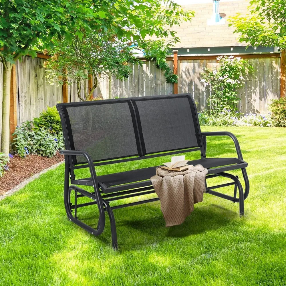 Patio Outdoor Glider Bench, High Backrest and Breathable Mesh Fabric, Yard Porch Loveseat, Outside Rocking Swing Chair