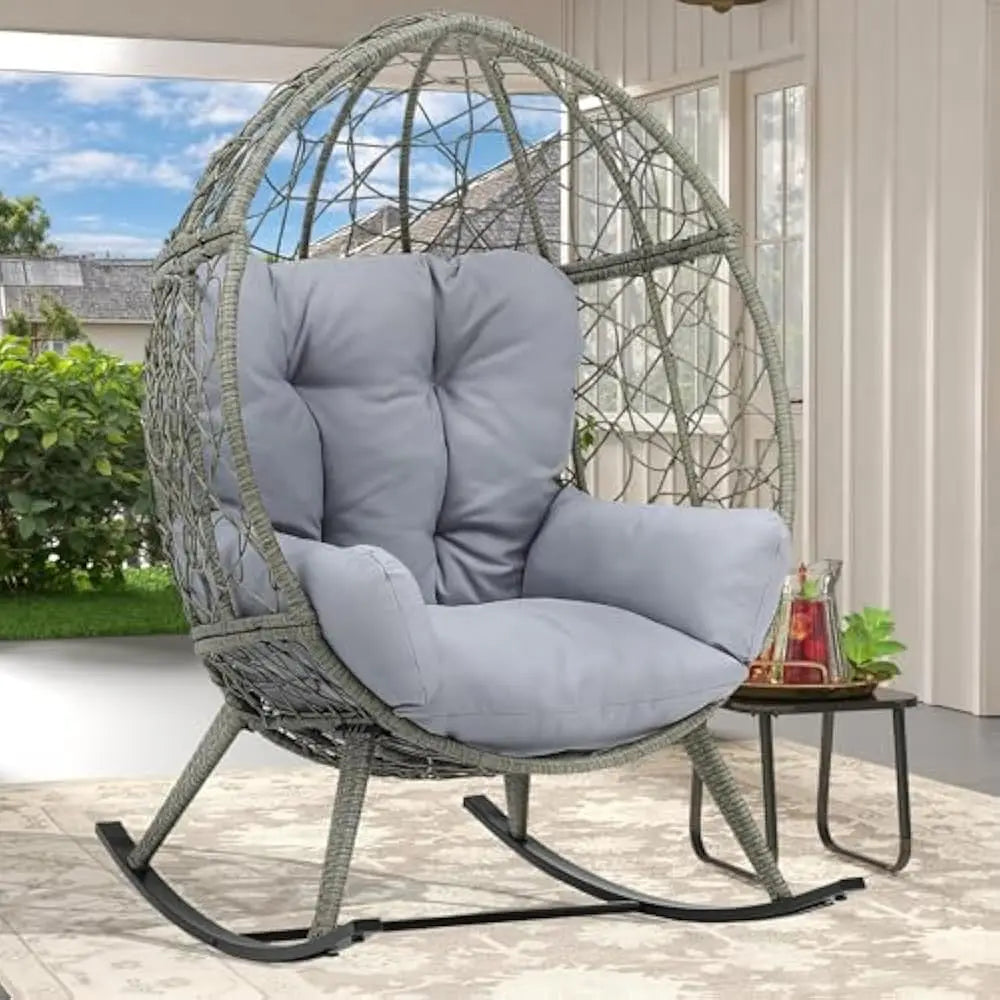 Wicker Rocking Egg Chair, Rattan Rocking Chairs, Indoor/Outdoor Lounger for Patio, Backyard, Living Room, Garden Egg Chair
