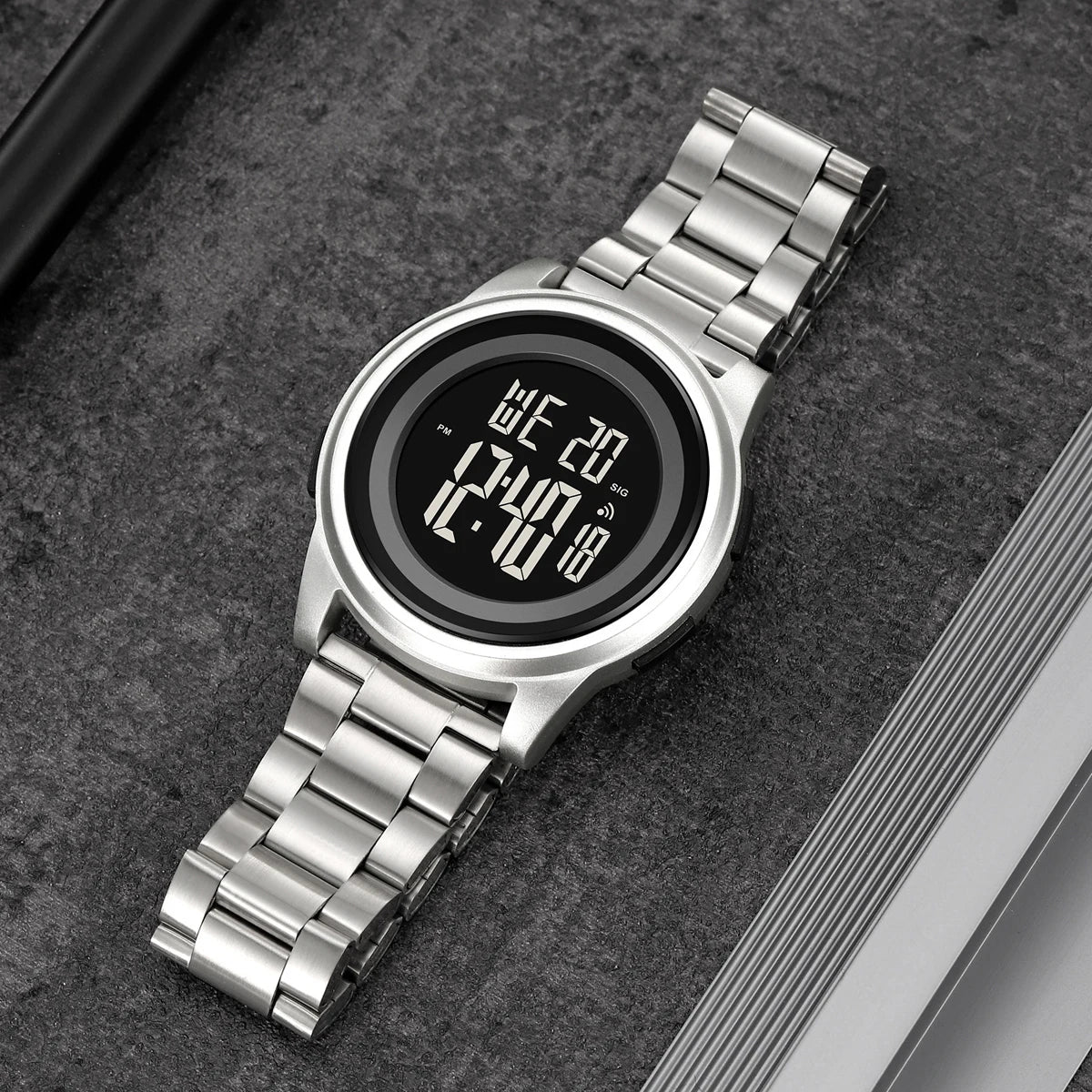 LED Digital Watches Men Sports 5Bar Waterpoof Alarm Clock Alloy Case Electronic Wrist Watches Stainless Steel Watch
