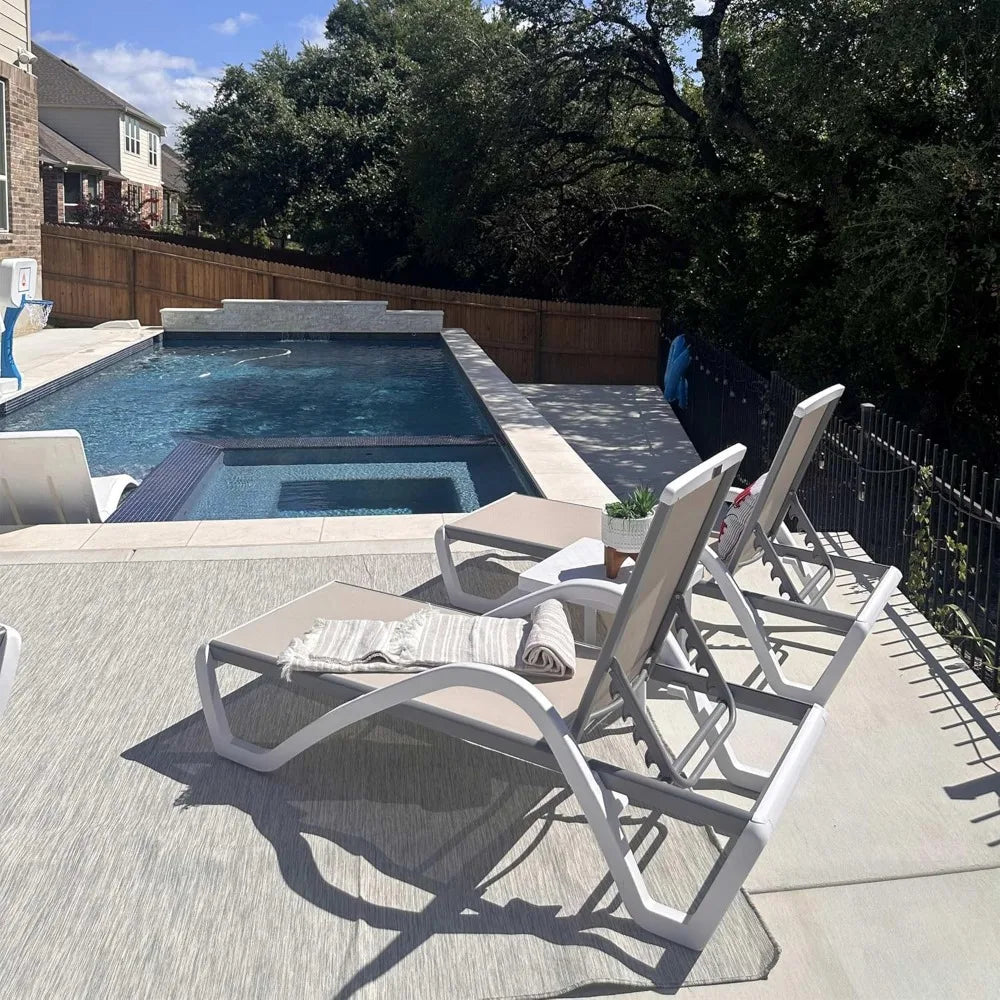 Patio Chaise Lounge Chair Set Outside Aluminum Plastic Stackable Tanning Chairs with Armrests and Side Table for Pool Sunbathin