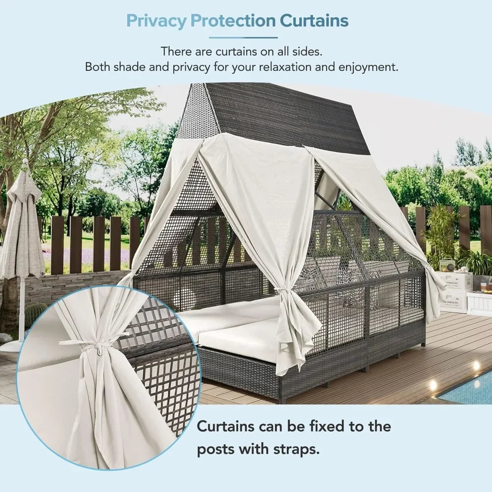 Outdoor Daybed, Outdoor Couch with 4 Pillows and Adjustable Backrest,with Curtains for Backyard, Garden, Roof Shape Outdoor Bed