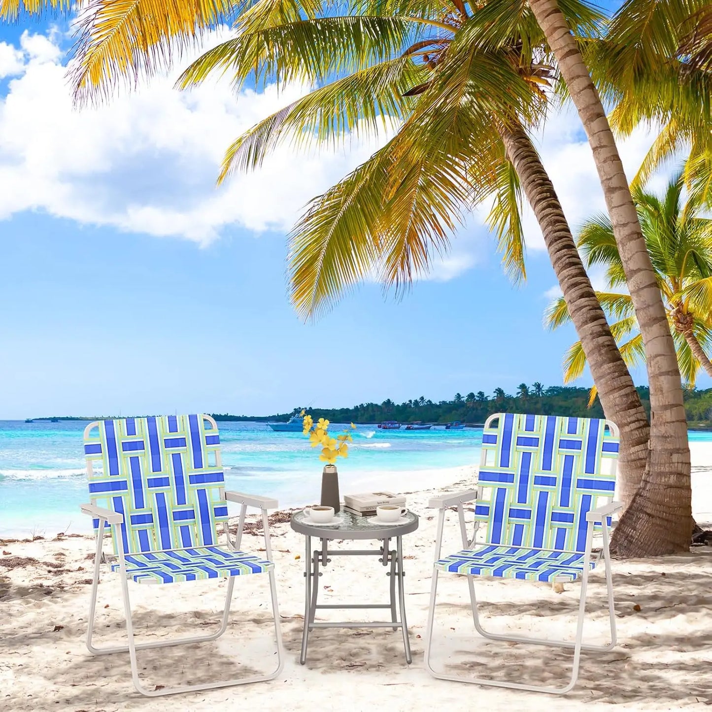 Beach Chairs Set of 6, Patio Folding Lawn Chairs for Adults, Outdoor Webbing Chair w/Steel Frame, Lightweight & Portable
