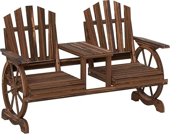 Wooden Garden Bench with Table, Umbrella Hole, 2-Seat Wagon Wheel Outdoor Bench with Slatted Seat, High Backrest, Armrests for