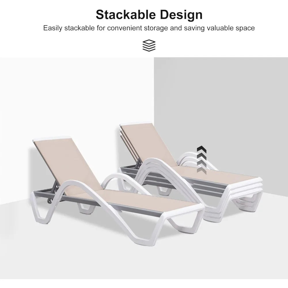 Patio Chaise Lounge Chair Set Outside Aluminum Plastic Stackable Tanning Chairs with Armrests and Side Table for Pool Sunbathin