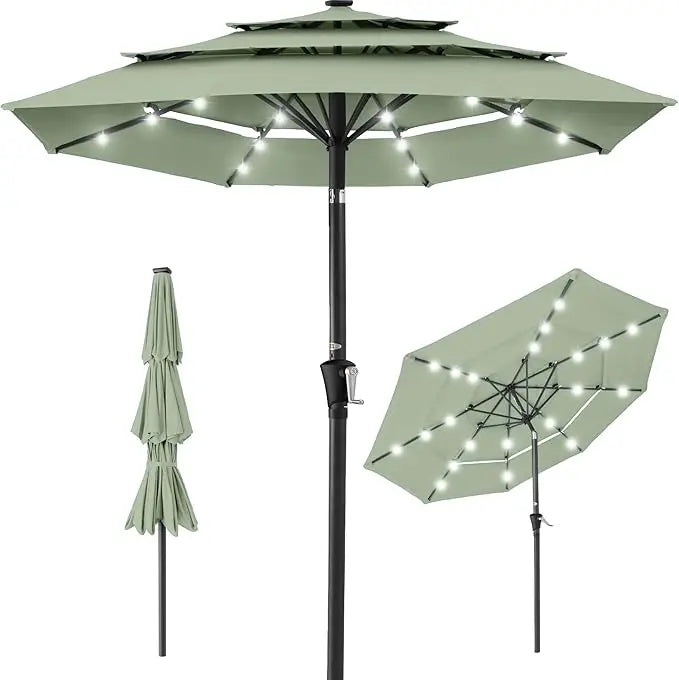 10ft 3-Tier Solar Patio Umbrella, Outdoor Market Sun Shade for Backyard, Deck, Poolside w/ 24 LED Lights, Tilt Adjustment, Easy