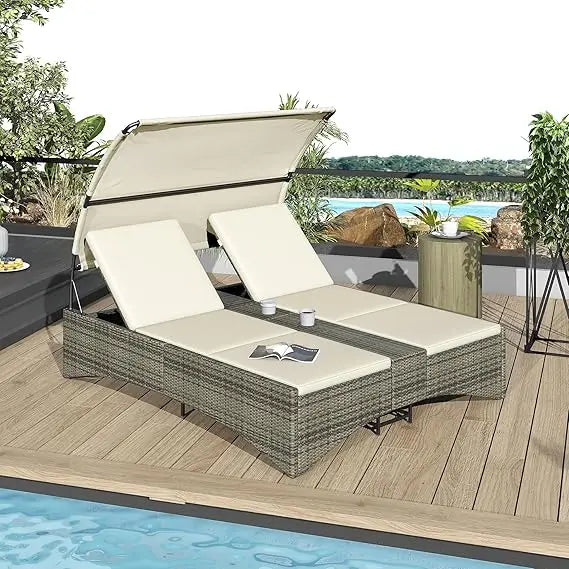Outdoor Bed Patio Daybed with Shelter Roof, Outdoor Rattan Sun Lounger with Adjustable Backrest, Storage Box and 2 Cup Holders