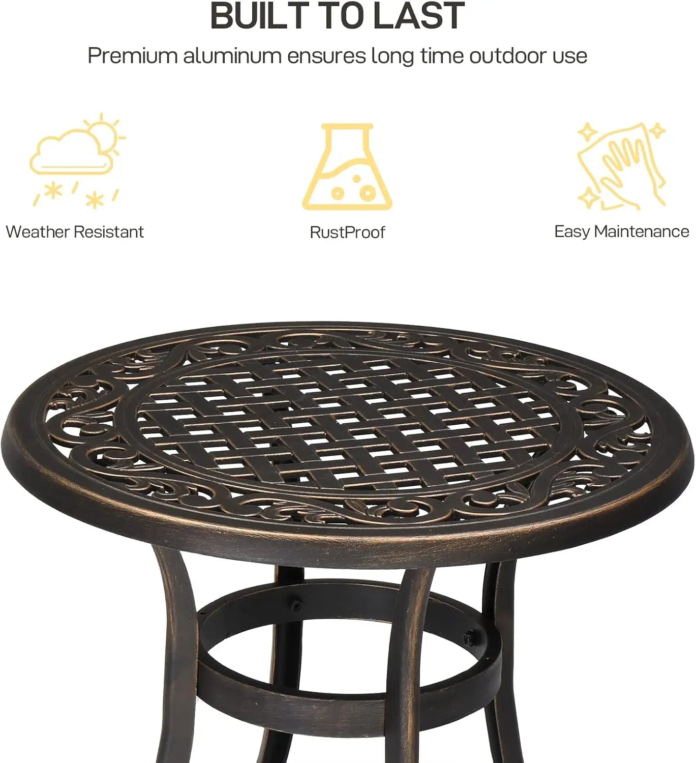24” Cast Aluminum Outdoor Side Table, All Weather Round Patio Coffee Table Porch Table Outdoor Bistro Table Outdoor