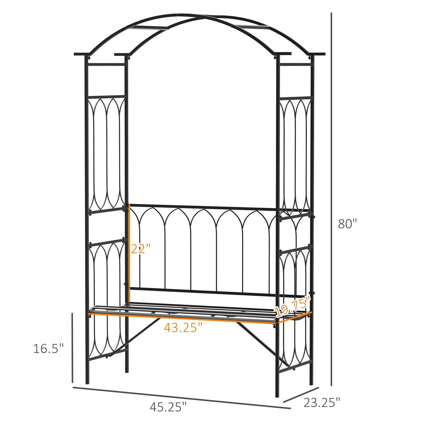 45” Steel Metal Outdoor Garden Arbor Archway with Bench Seating Black