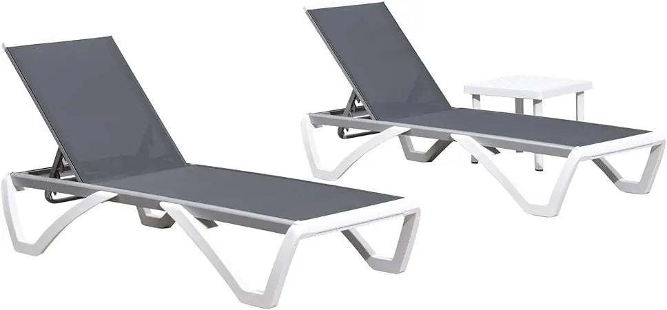 Patio Chaise Lounge Chair Set Outside Aluminum Plastic Stackable Tanning Chairs with Armrests and Side Table for Pool Sunbathin