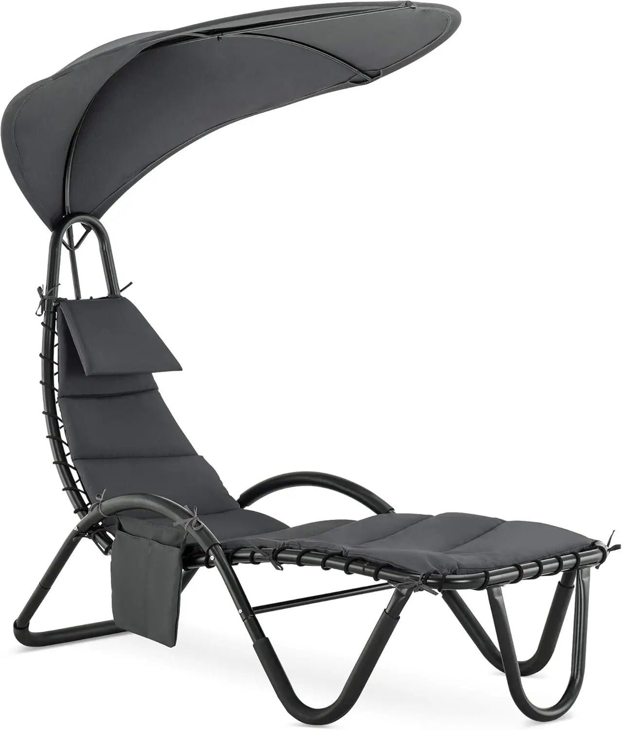 Outdoor Steel Chaise Lounge Chair with Removable Canopy and Cushions, Reclining Chair w/Side Pocket Arc Stand, for Beach