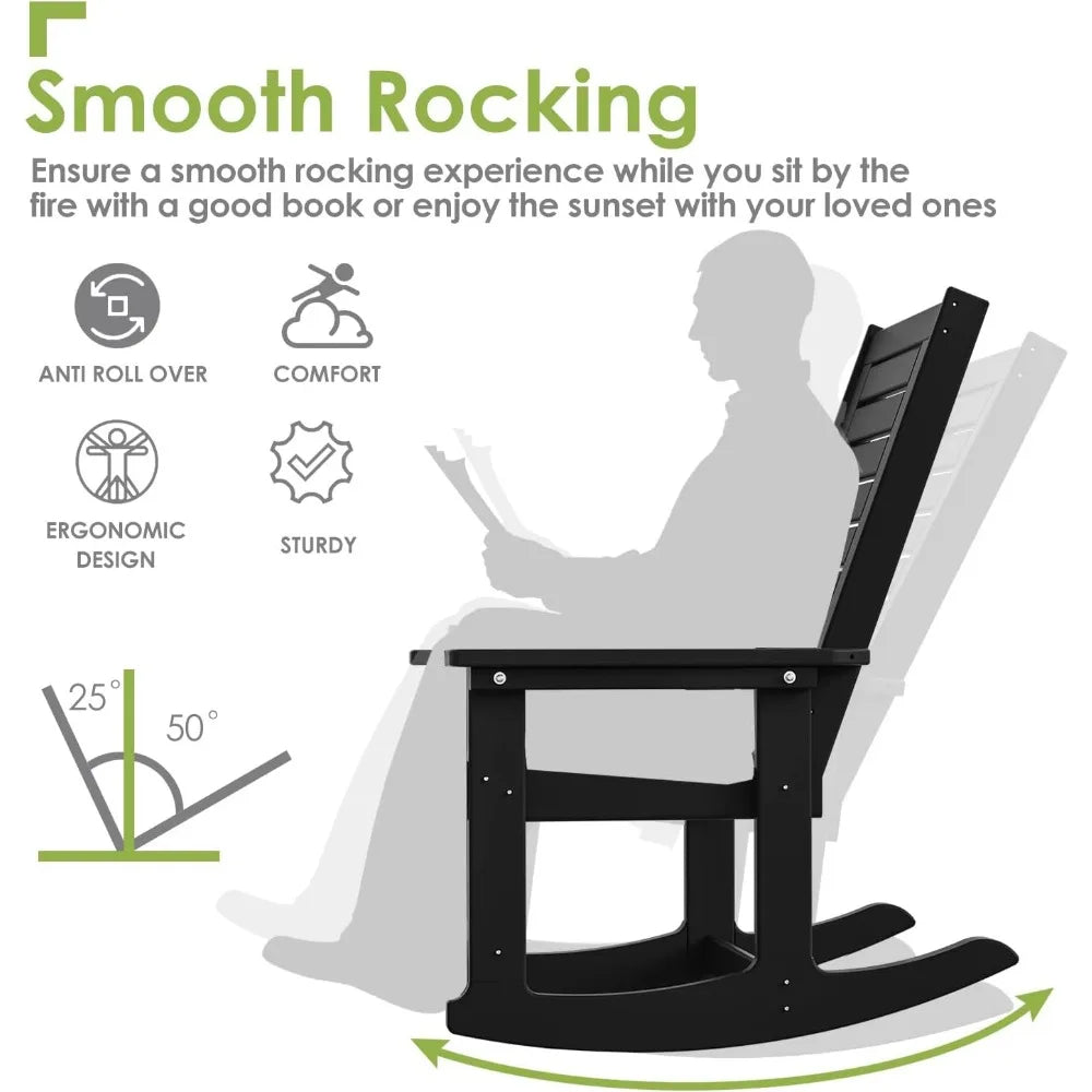 Outdoor Rocking Chairs Set of 2 | Porch Rocker HDPE Plastic | Black Oversized Rockers High Back Big & Tall