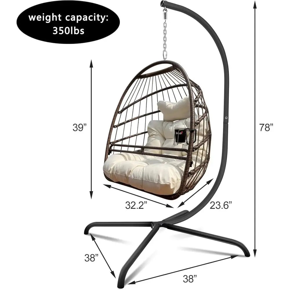 Swing Egg Chair with Stand Indoor Outdoor Wicker Rattan Patio Basket Hanging Chair with C Type bracket , with cushion and pillow