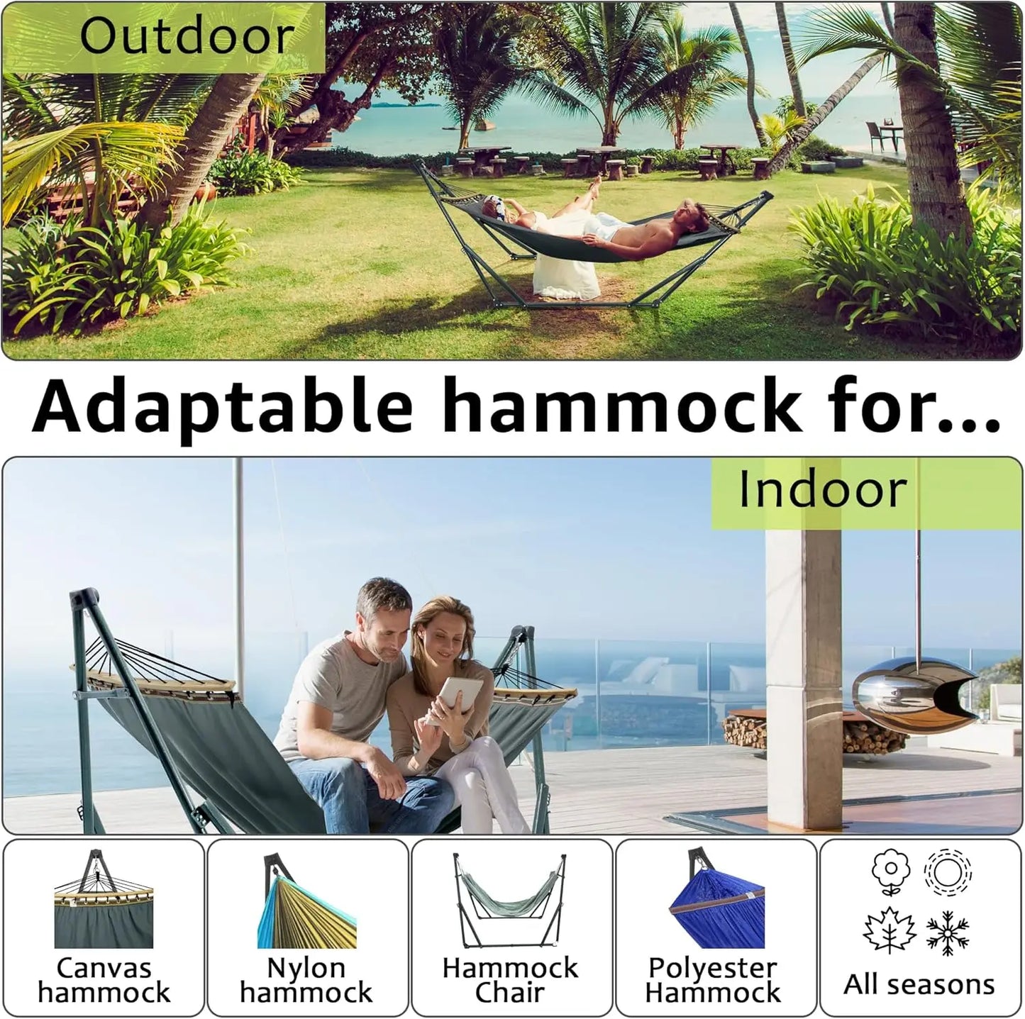 Adjustable Foldable Hammock Stand with 2 Layered Polyester Net and Carry Bag for 2 Persons (3. Canvas - Grey)