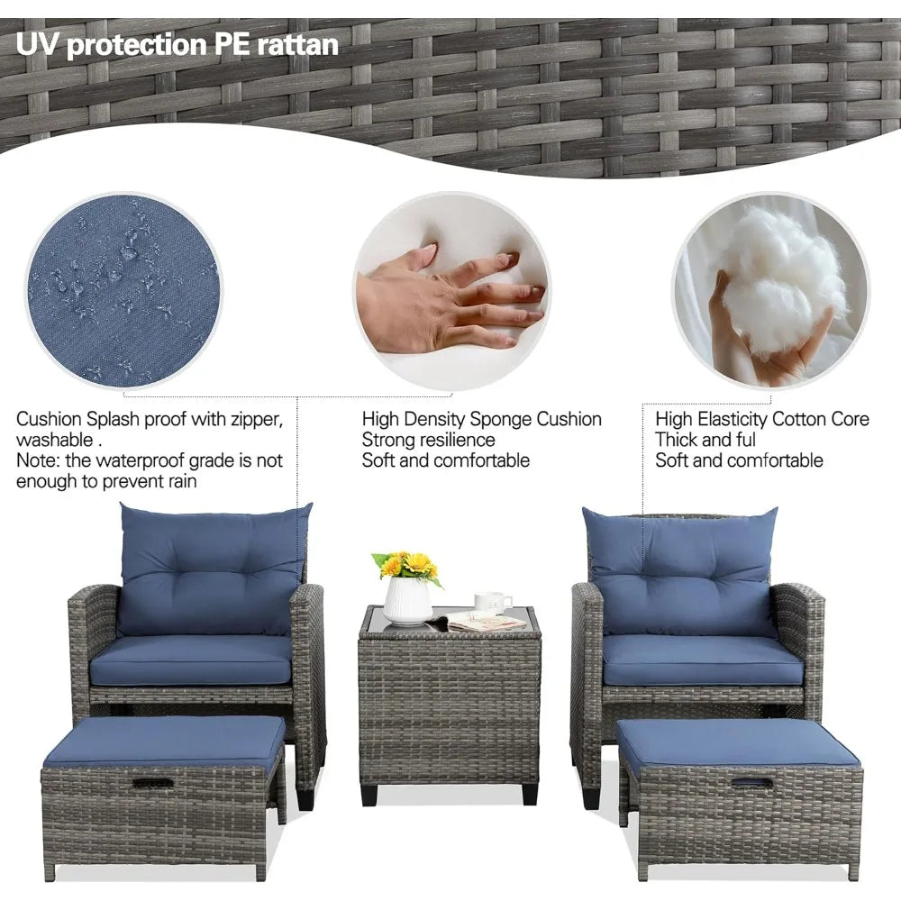 5 Piece Patio Furniture Set, Small Balcony Furniture, PE Wicker Rattan Patio Chairs Set of 2, Outdoor Lounge Chairs