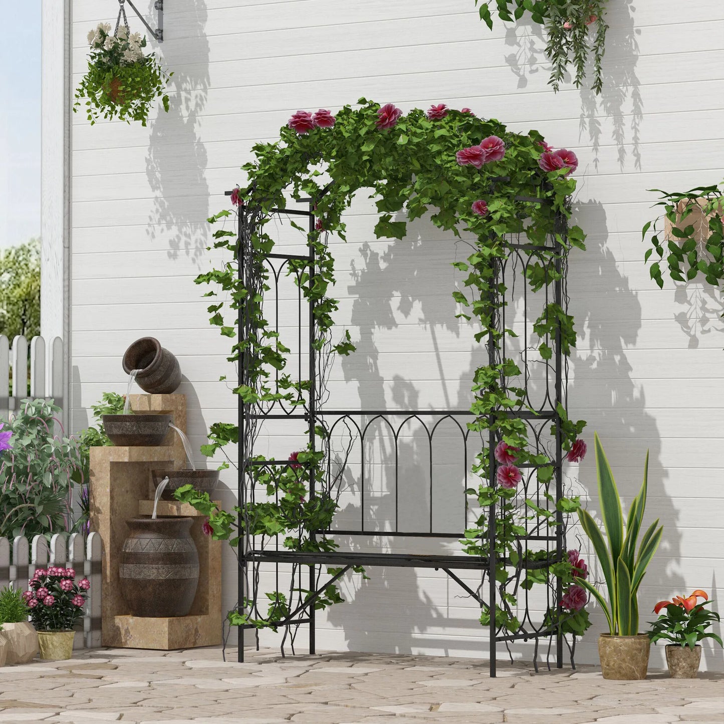 45” Steel Metal Outdoor Garden Arbor Archway with Bench Seating Black