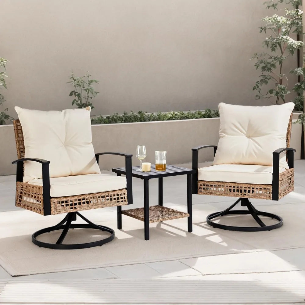 3 Pieces Outdoor Swivel Rocker Patio Chairs, Wicker Patio Bistro Set with 2 Rocking Chairs and 1 Coffee Table, Patio Furniture