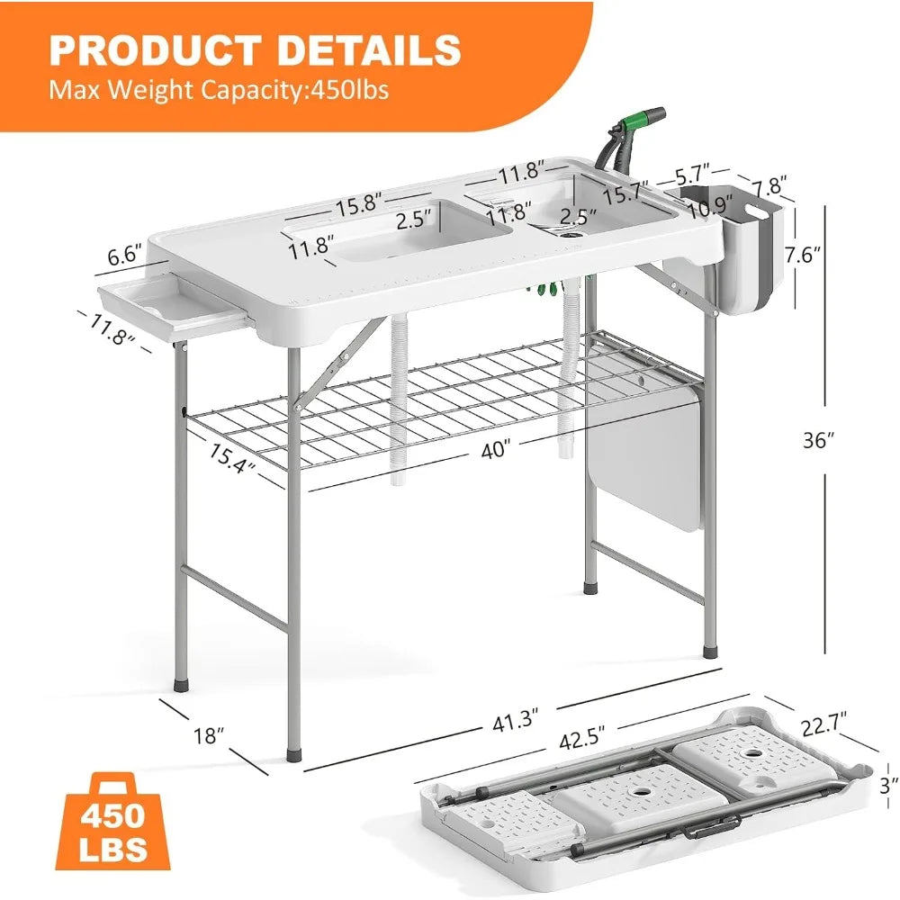 42.5" Fish Cleaning Table with Sink – Portable Outdoor Sink Station for Camping, Fishing, and Picnics Folding Camping Sink