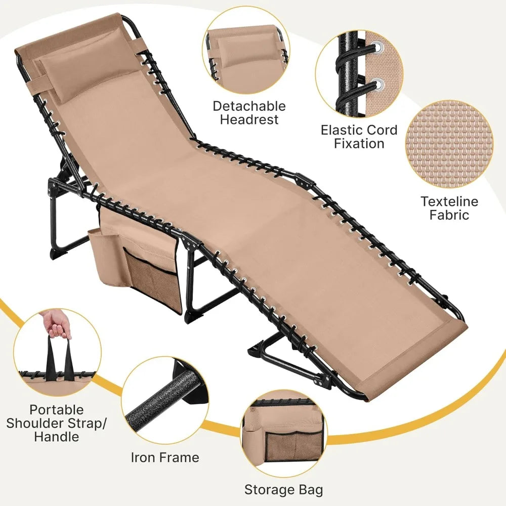 22.4" Outdoor Folding Tanning Chair, Chaise Lounge Chairs with 5 Back Position Adjustable, Extended Portable Lounger for Beach,