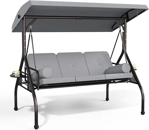 3-Seat Patio Swing Chair, Outdoor Porch Swing with Cushions,Pillows & Cup Holders, Adjustable Canopy Outside Bench Swing for Ba