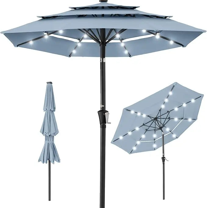 10ft 3-Tier Solar Patio Umbrella, Outdoor Market Sun Shade for Backyard, Deck, Poolside w/ 24 LED Lights, Tilt Adjustment, Easy