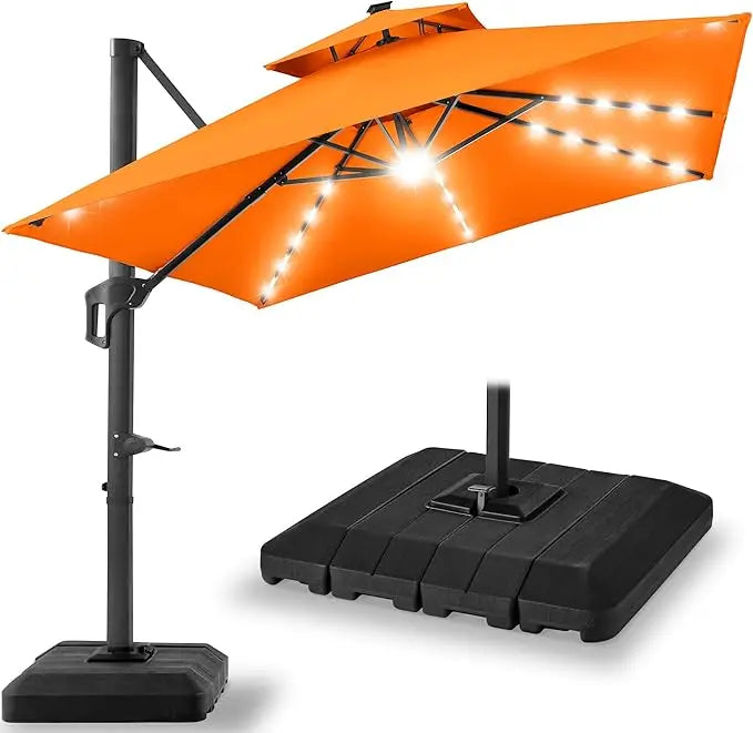 10x10ft Cantilever Patio Umbrella w/Base Included, Solar LED Lights 360 Rotation Large Offset Hanging Outdoor Shade for Deck Po