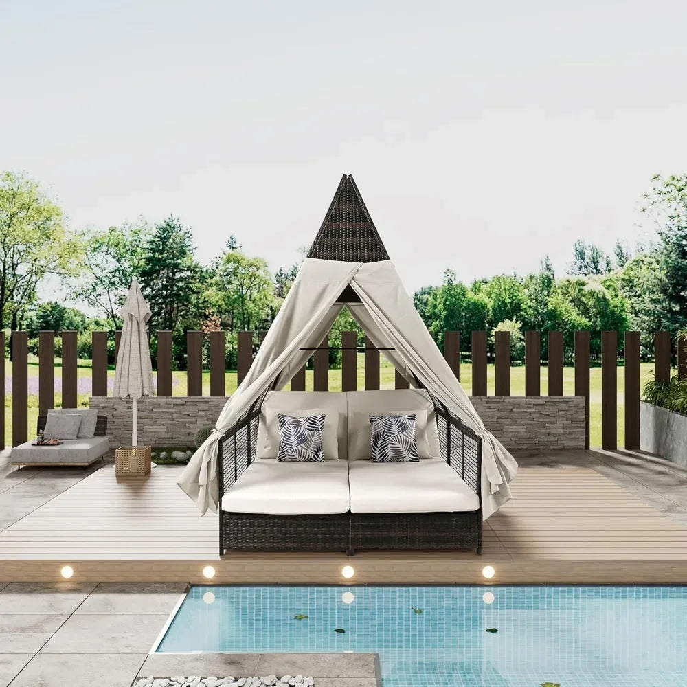 Outdoor Daybed, Outdoor Couch with 4 Pillows and Adjustable Backrest,with Curtains for Backyard, Garden, Roof Shape Outdoor Bed