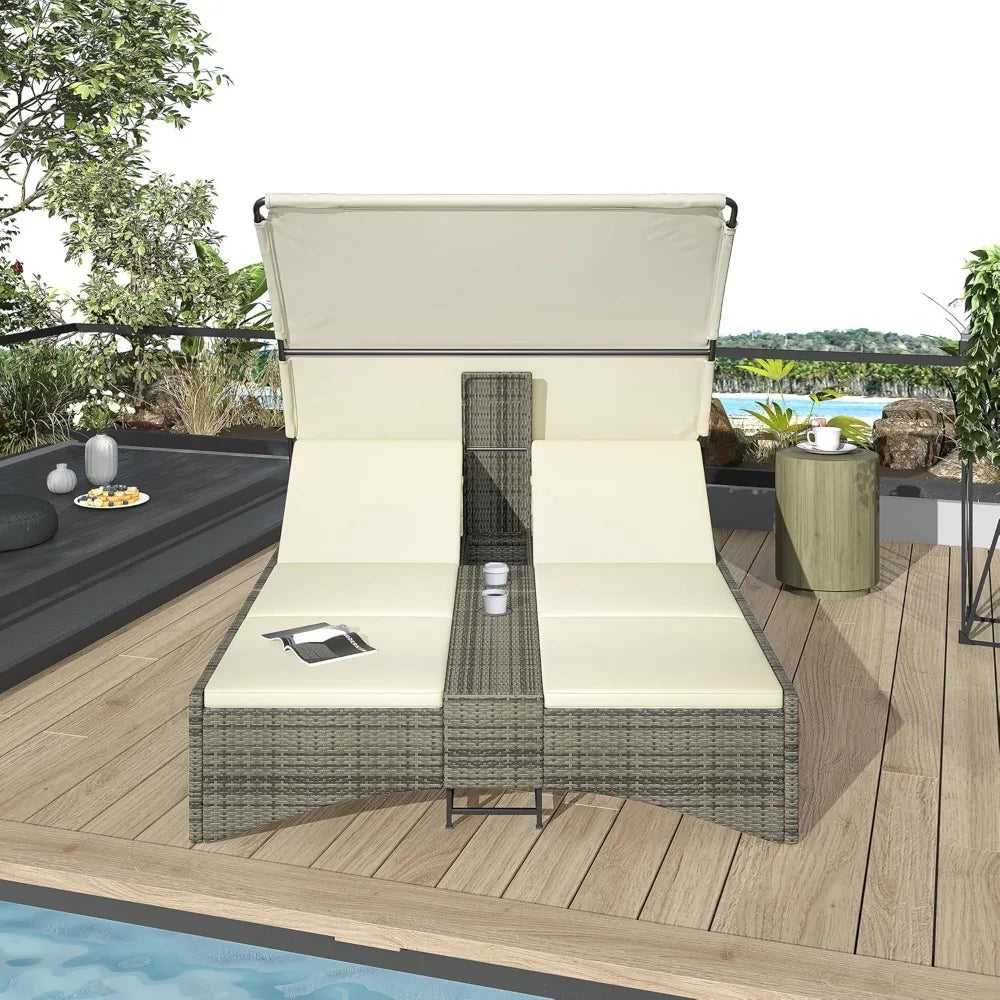 Outdoor Bed Patio Daybed with Shelter Roof, Outdoor Rattan Sun Lounger with Adjustable Backrest, Storage Box and 2 Cup Holders