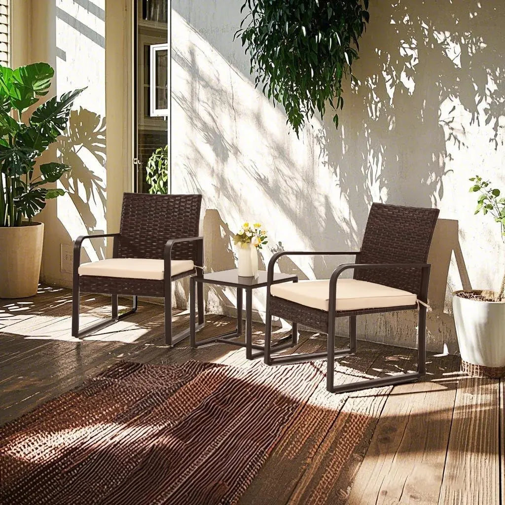 3 Piece Outdoor Patio Furniture Set, Patio Bistro Set Wicker Conversation Set, Modern Rattan Chair with Glass Coffee Table for B