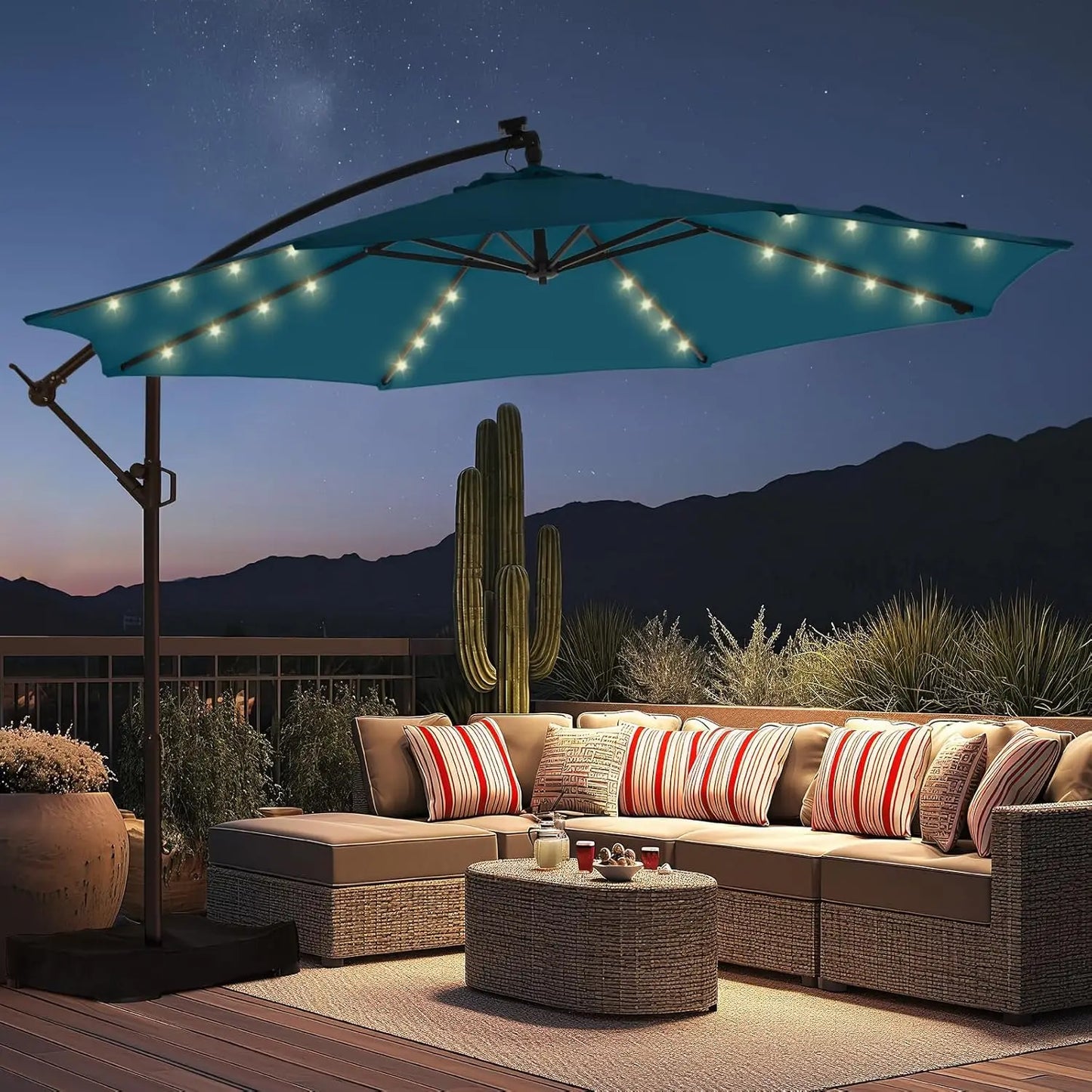 10ft Solar Lights Offset Cantilever Patio Umbrella- with Light and Base,LED Lighted Offset Hanging Patio Outdoor Market Umbrella