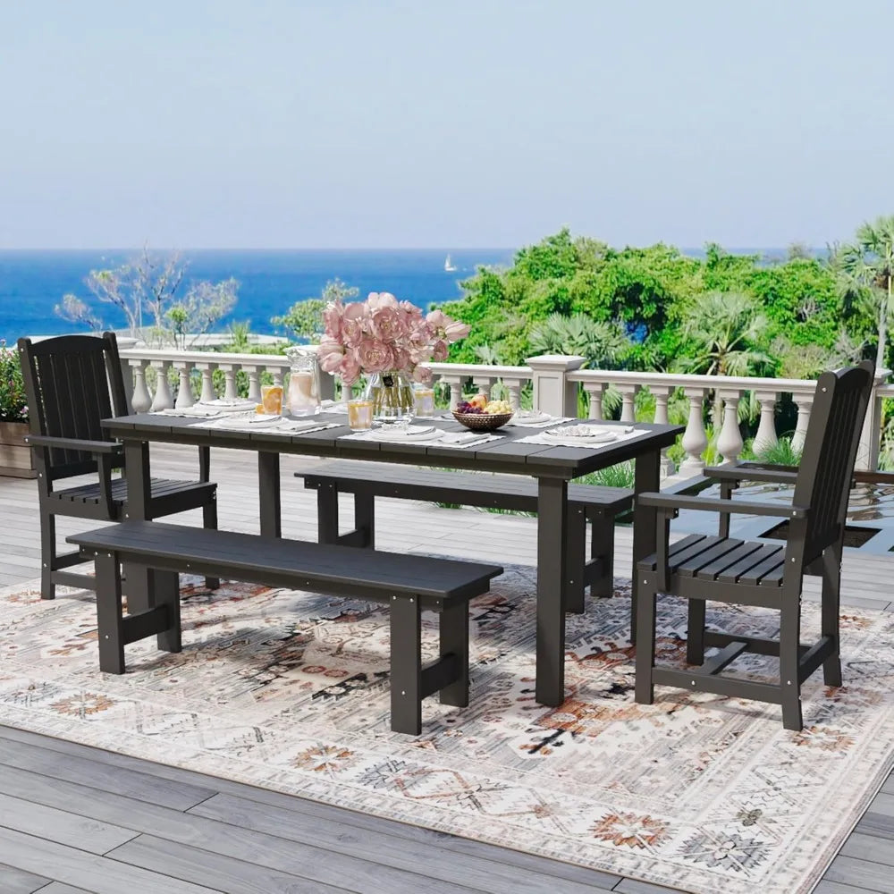 5-Piece HDPE Outdoor Dining Set with 2 Chairs and 2 Benches, Rectangular Patio Dining Furniture Set of 6, Modern Dining Table
