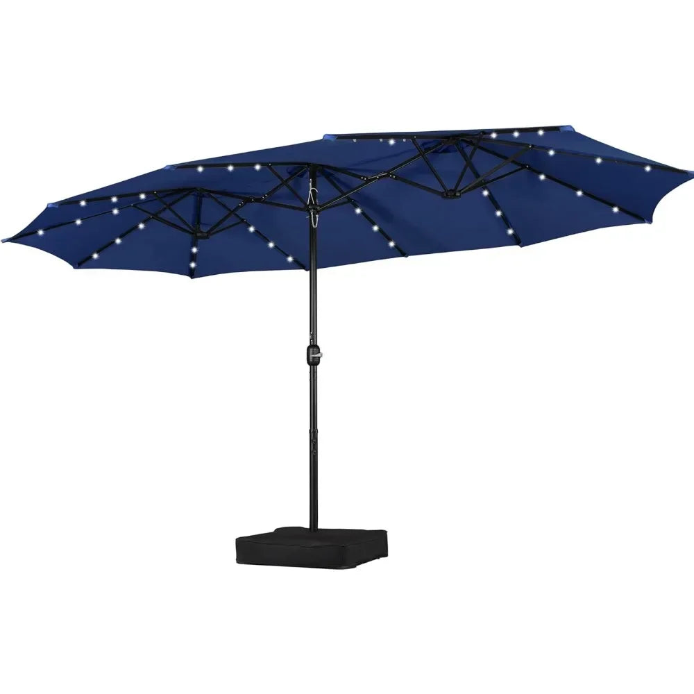 15 ft Large Patio Umbrella with Solar Lights Double-Sided Outdoor Rectangle Market Umbrellas with 36 LED Lights/Base Included