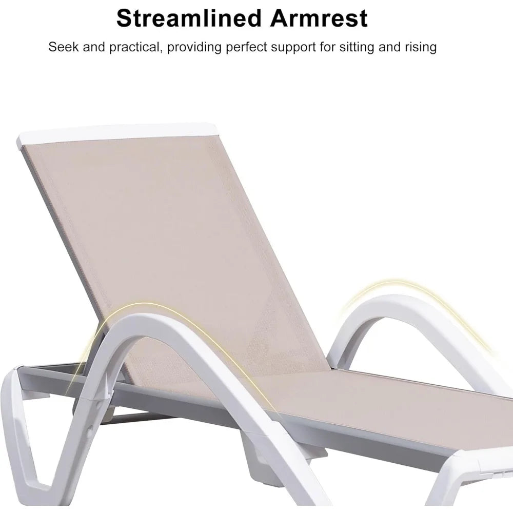 Patio Chaise Lounge Chair Set Outside Aluminum Plastic Stackable Tanning Chairs with Armrests and Side Table for Pool Sunbathin