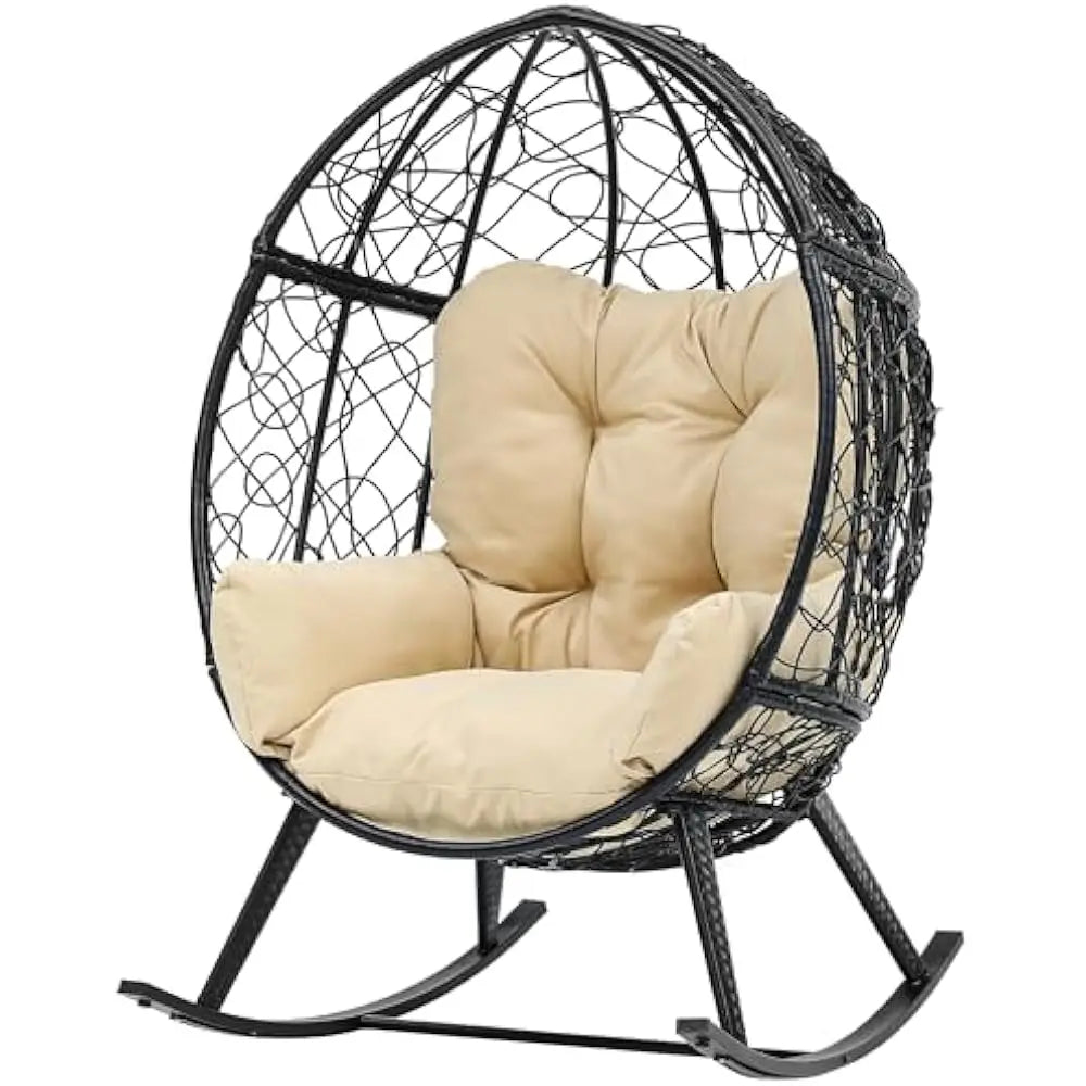Wicker Rocking Egg Chair, Rattan Rocking Chairs, Indoor/Outdoor Lounger for Patio, Backyard, Living Room, Garden Egg Chair