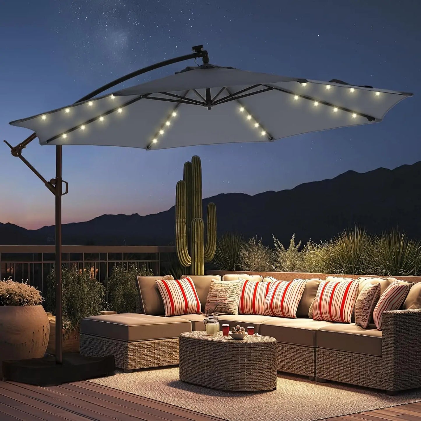 10ft Solar Lights Offset Cantilever Patio Umbrella- with Light and Base,LED Lighted Offset Hanging Patio Outdoor Market Umbrella