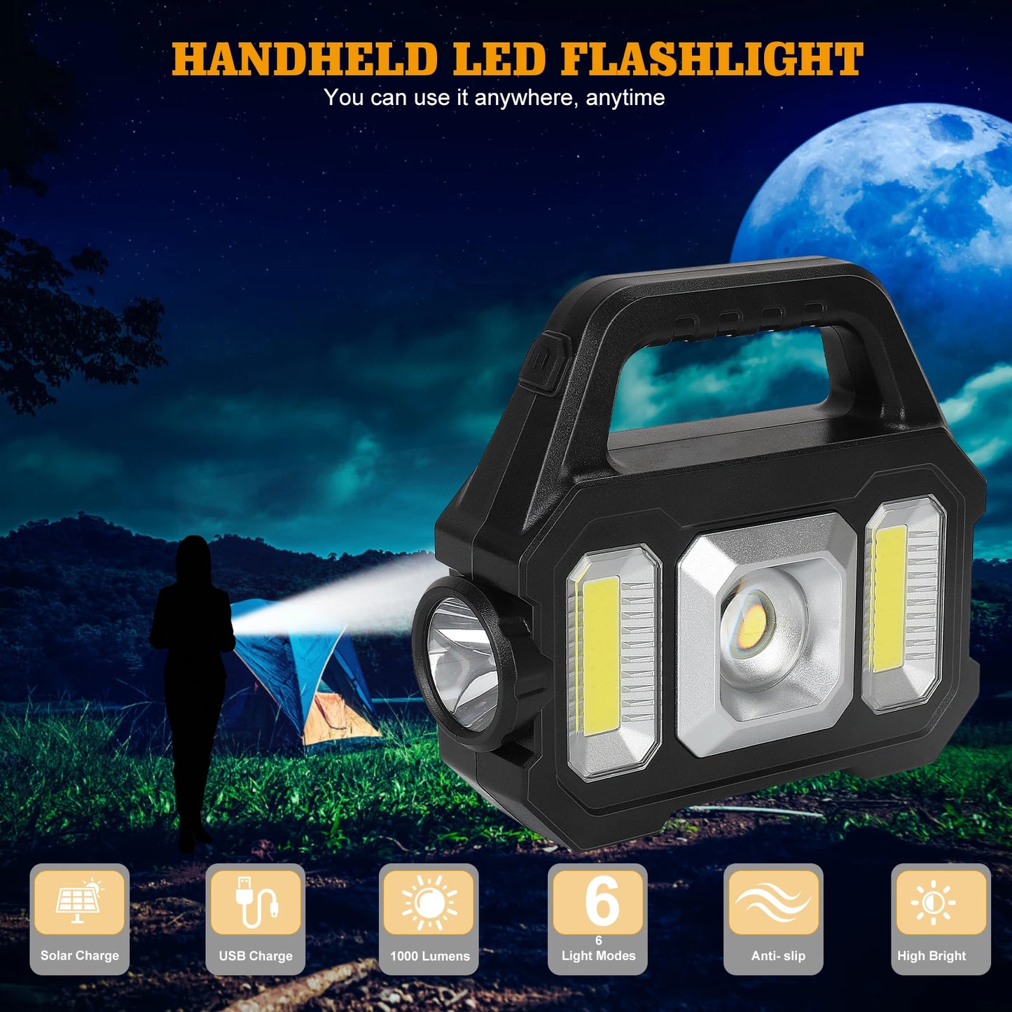 2000LM Solar-Powered LED Flashlight - Rechargeable Camping/Work Light with 6 Modes, IPX7 Waterproof for Outdoor Emergency Hiking