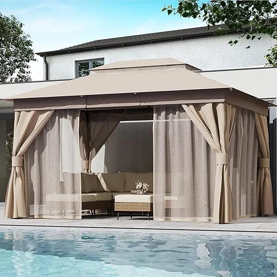 Outdoor Patio Gazebo 10'x13' with Expansion Bolts, Heavy Duty Gazebos Party Tent Shelter with Double Roofs, Mosquito Nets and P