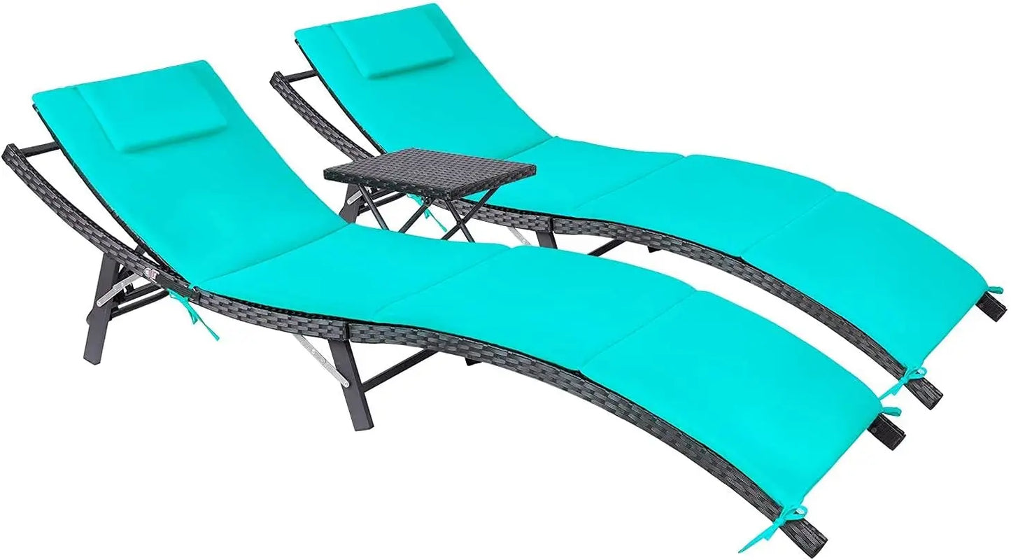 Patio Chaise Lounge Sets Outdoor Rattan Adjustable Back Cushioned Patio Folding Chaise Lounge with Folding Table