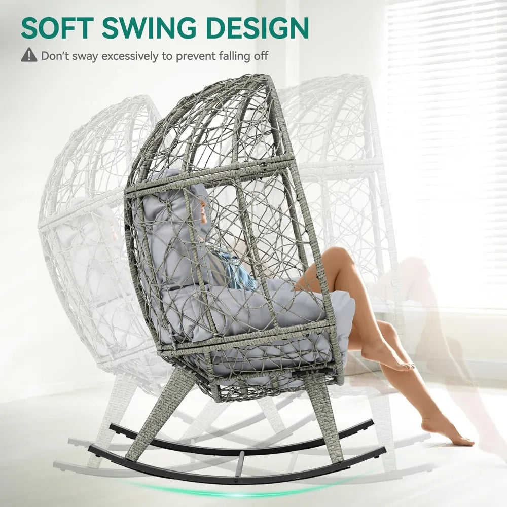 Outdoor Rocking Egg Chair with Cushioned Comfort, Wicker Patio Rocker 250lb Capacity, Anti-Slip, All-Weather Resilient