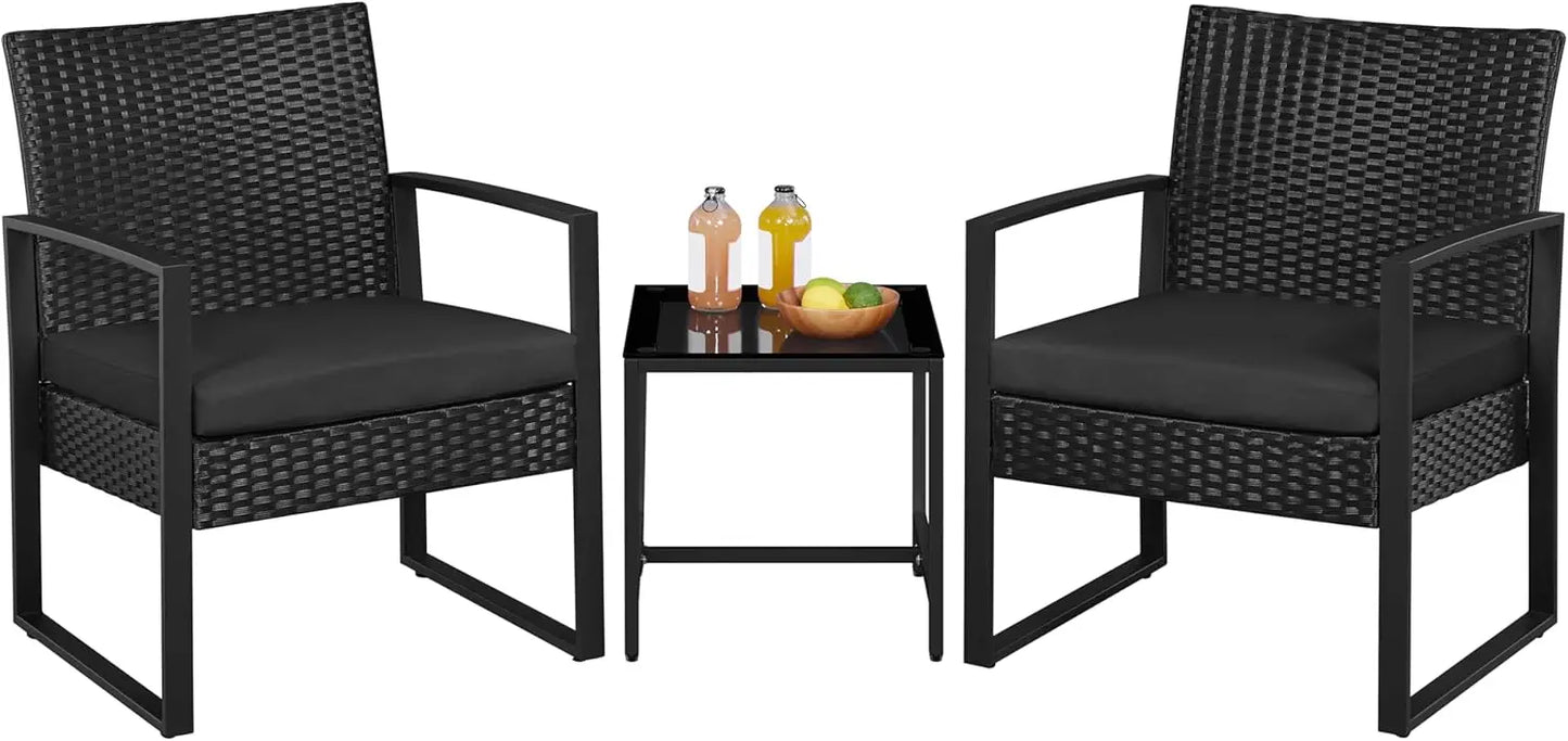 3 Pieces Rattan Bistro Set, Indoor/Outdoor Wicker Patio Modern Conversation Furniture, 2 Chairs & Tempered Glass Coffe Table